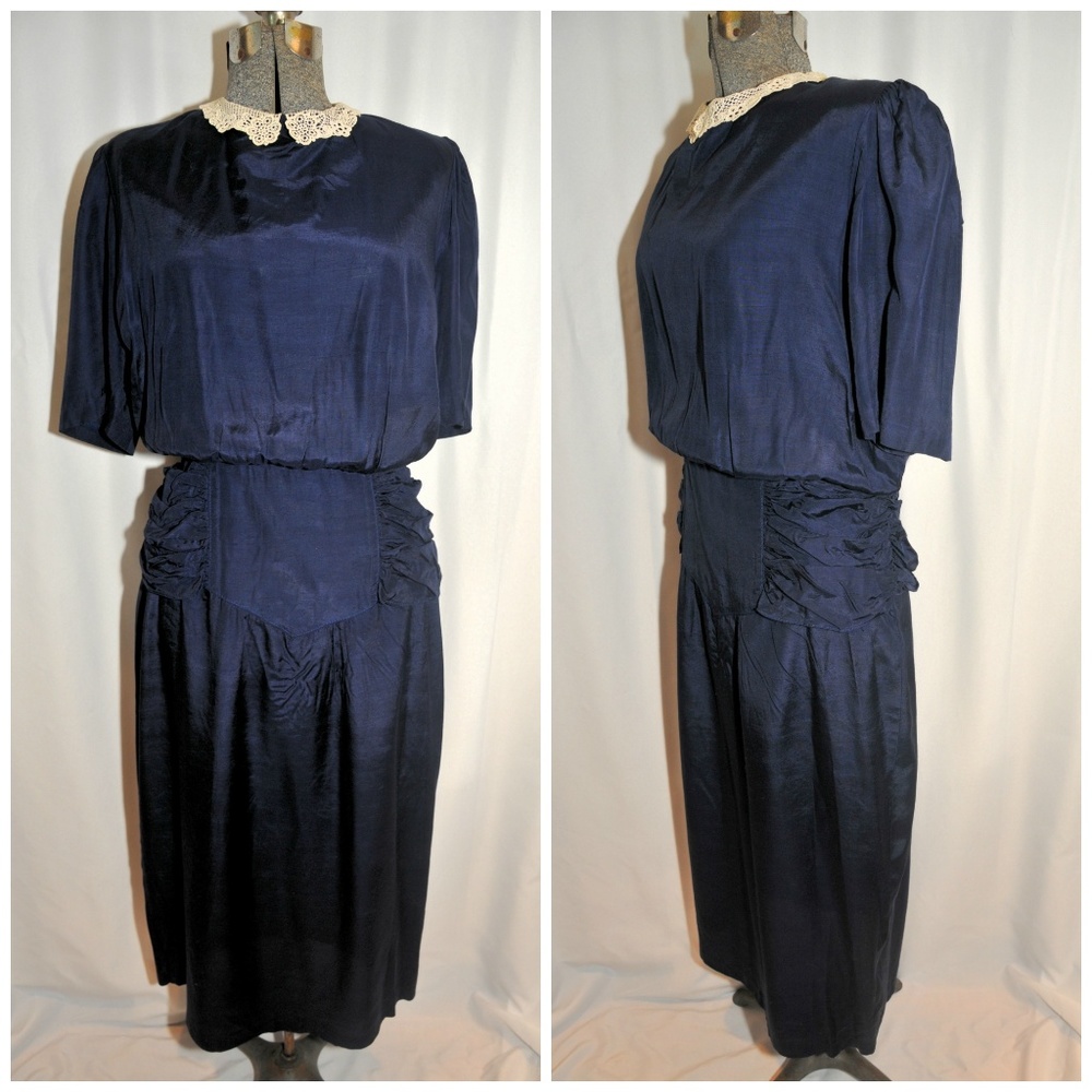 VTG 40s 50s Flapper Dress Navy Rayon Medium Midi